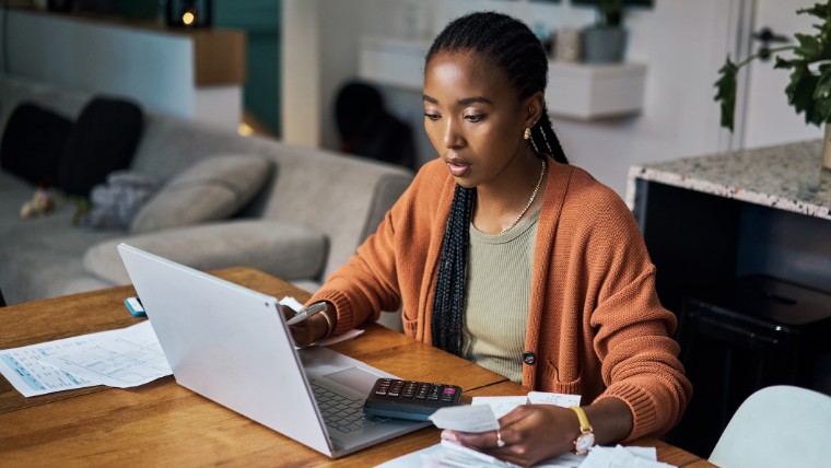 Young woman creating a budget on her laptop.